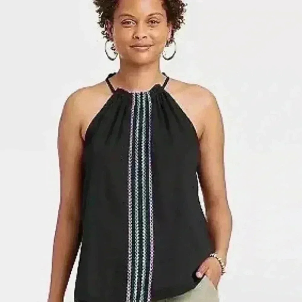 Knox Rose | Black Embroidered Flowy Halter Tank Top, Cotton Blend